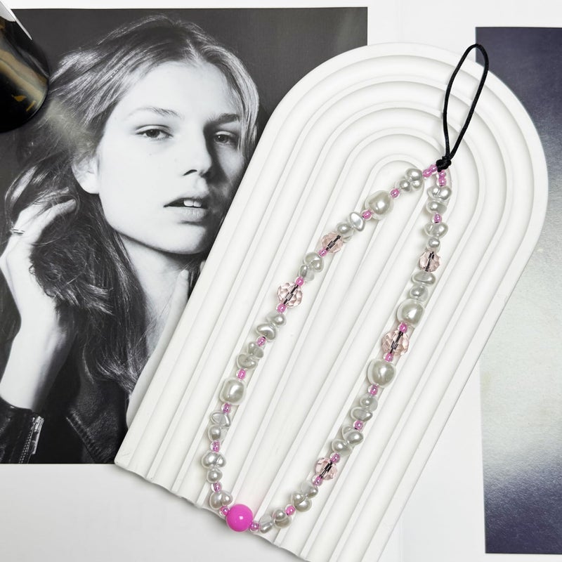 WCCH Beaded Phone Charm Y2K Kawaii Handmade Acrylic Phone Lanyard Wrist Strap for Camera Bag Airpods Keychain Charm Pink White Pearl - Image 3
